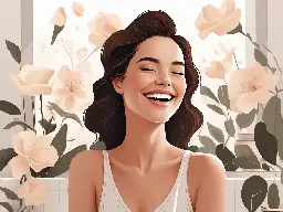 personnage f&eacute;minin souriante dans sa salle de bain