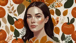 Une belle femme avec un visage luisant indiquant une peau fraiche et bien hydrat&eacute;e entour&eacute;e de courges