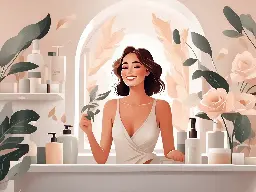 Femme souriante dans sa salle de bain entour&eacute;e de soins cosm&eacute;tiques