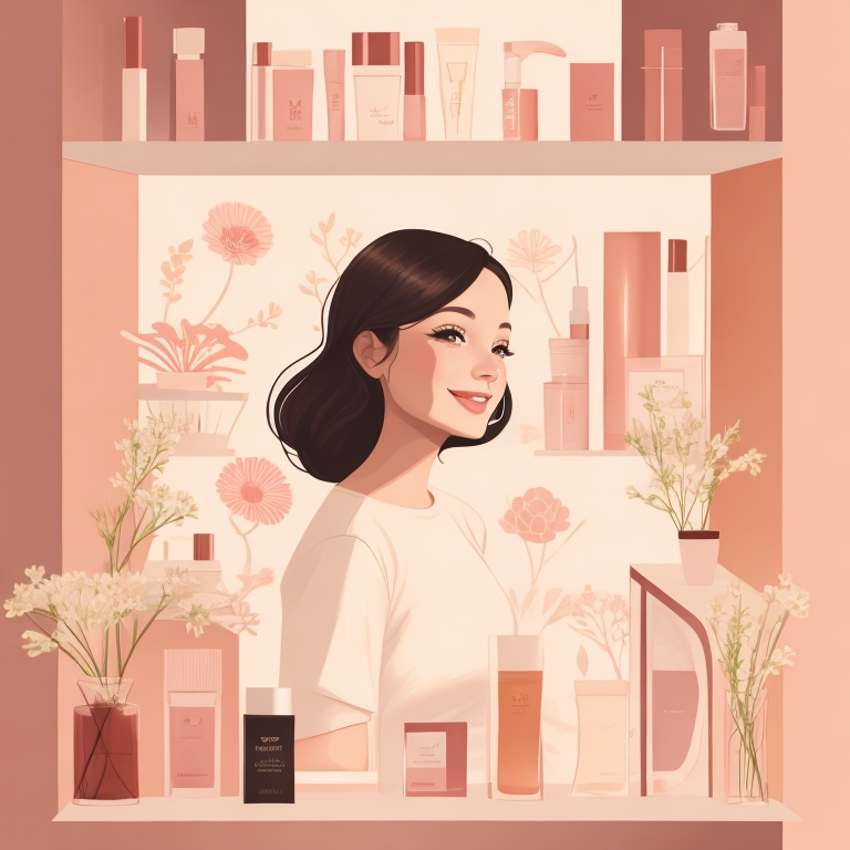 La jeune femme souriante et radiante est dans une boutique de cosmétiques le tout dans les tons de roses