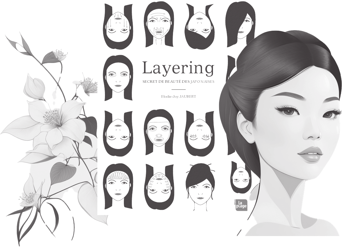La couverture du livre Layering, secret de beauté des Japonaises : une jeune femme, douze visages en massage, une branche de lys